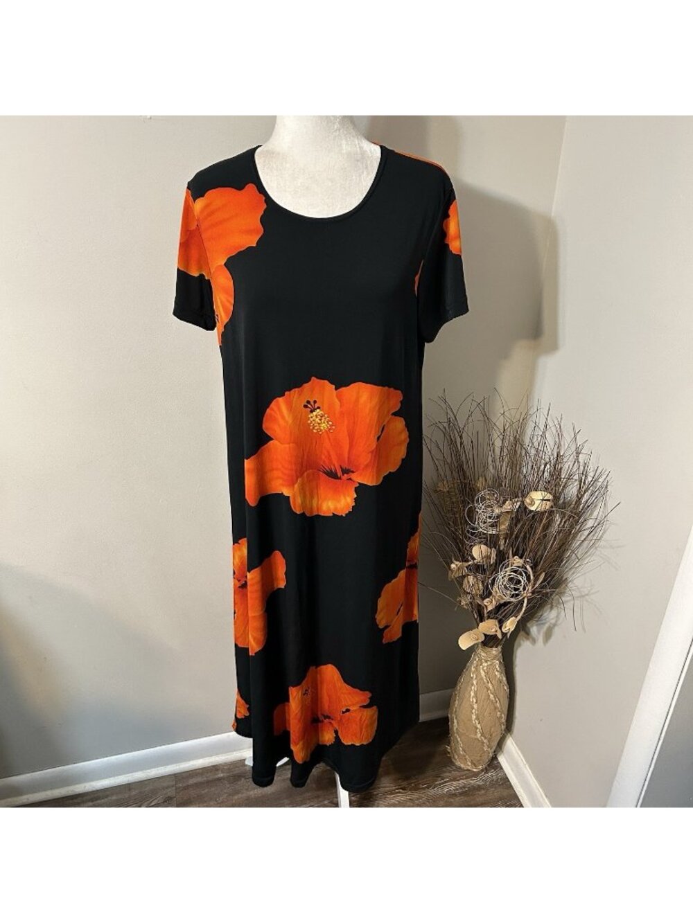 Kisses & Hugs Black Orange Hibiscus Floral Tropical Midi Dress Tunic A-line Sz M
